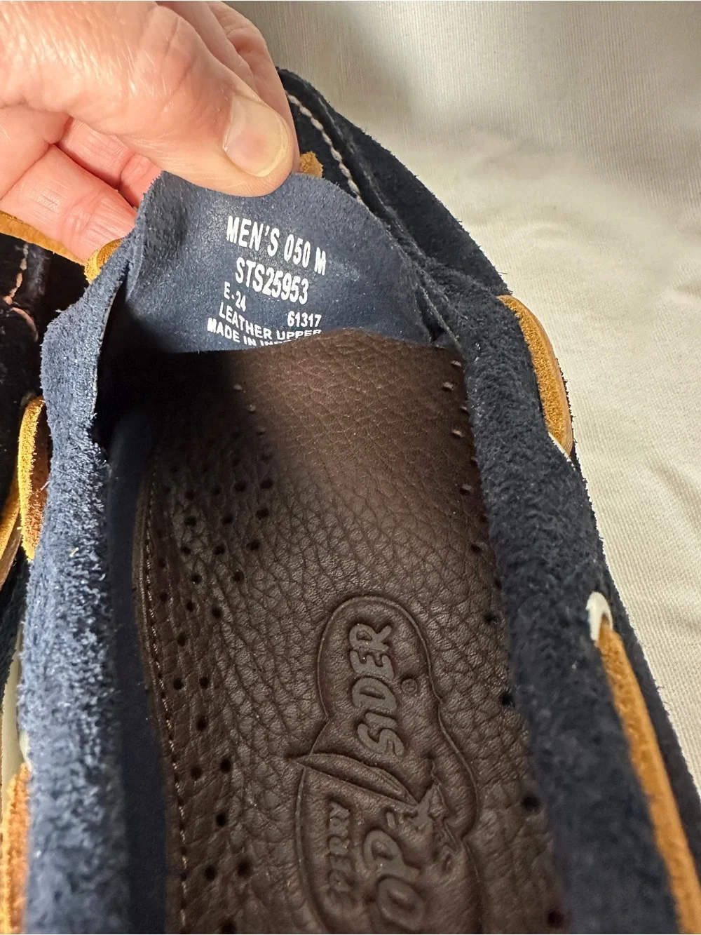 Sperry Navy Suede Boat Shoes with Tan Laces